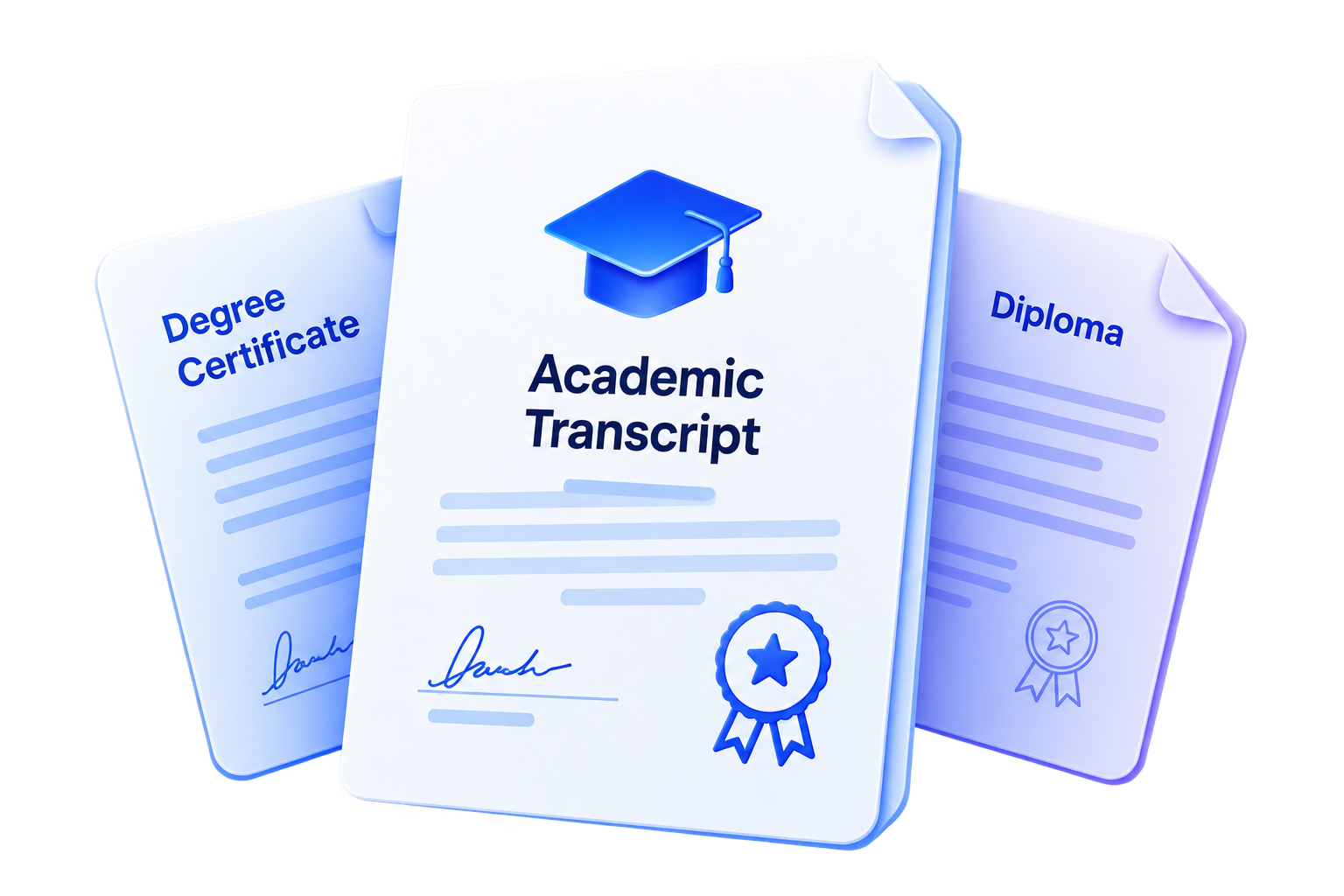 Illustration of an academic transcript, diploma and degree certificate